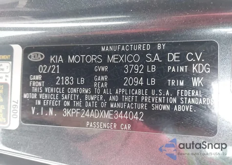 2021 Kia Forte Fe from USA, damaged, VIN 3KPF24ADXME344042